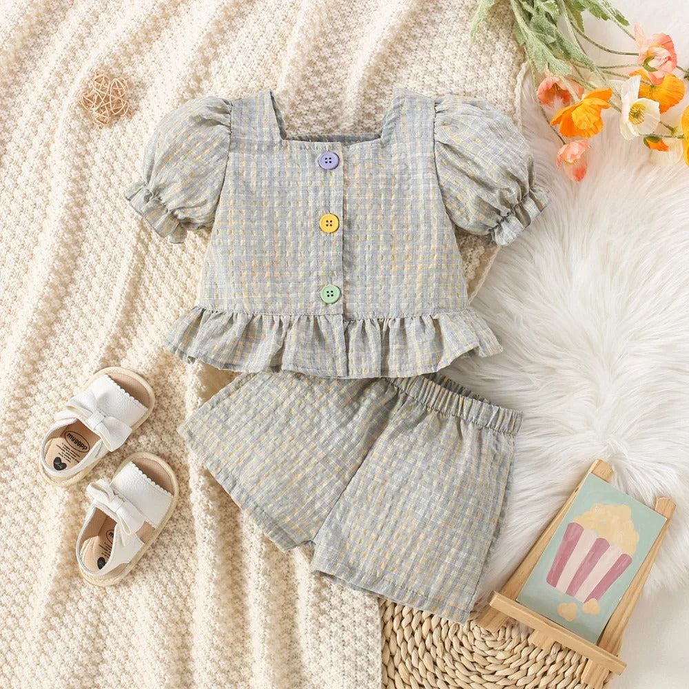 Sommarset för Babyflicka – Rutig Topp & Shorts med Puffärm