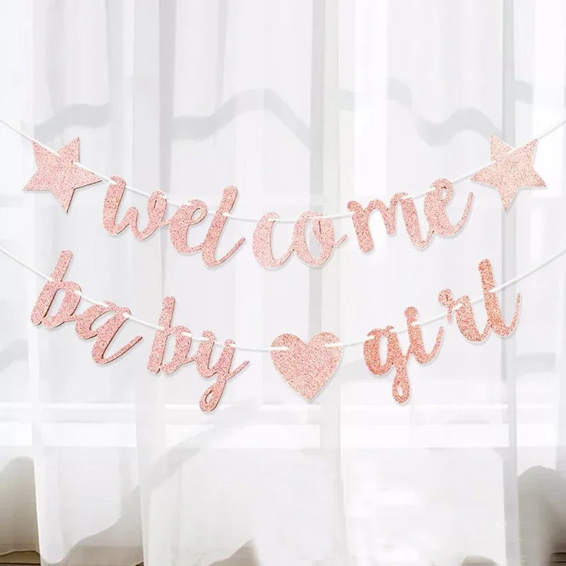 "Welcome Baby" Glittergirlang – Hjärtflaggor