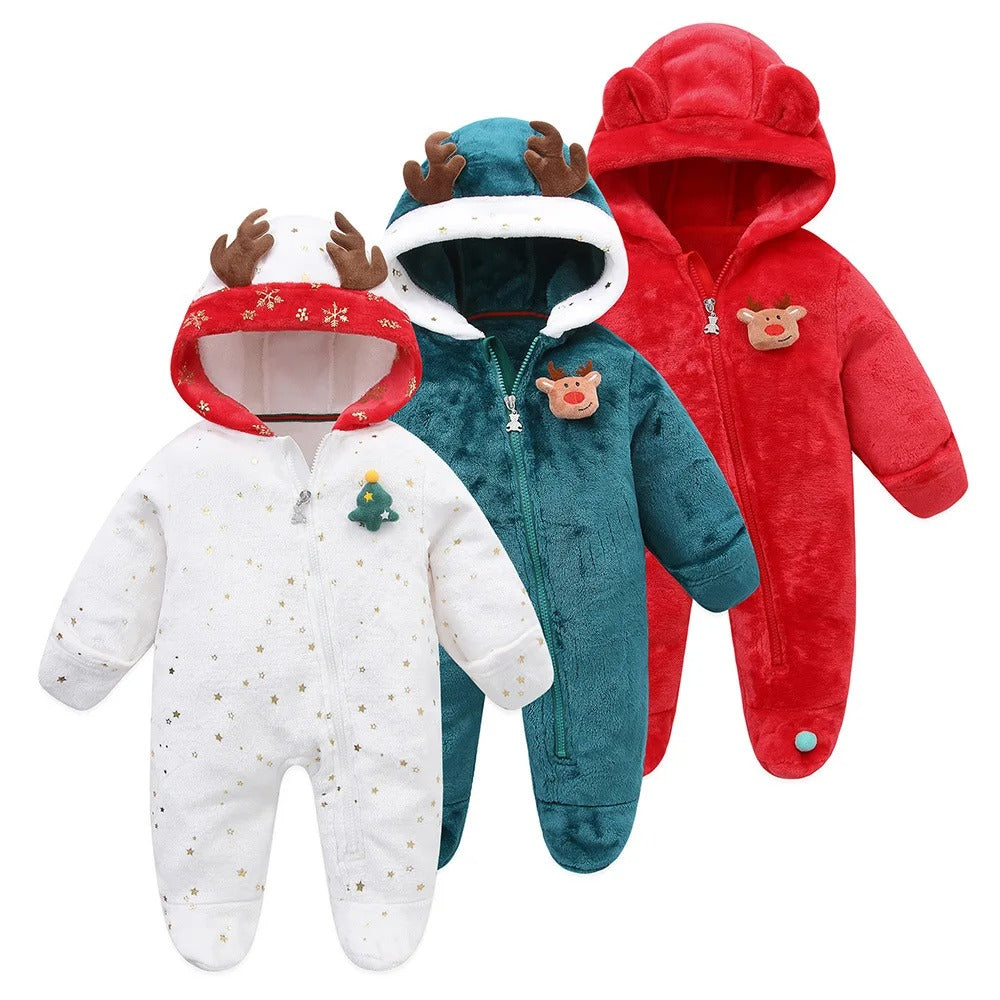 Nyfödd Romper – Flanell, Hooded, Julinspirerad (0–1 år, Höst & Vinter)