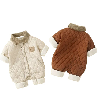 Vinterfodrad Quiltad Baby Romper – Björnmotiv, Varm Jumpsuit för Nyfödd (Unisex 0–2 år)