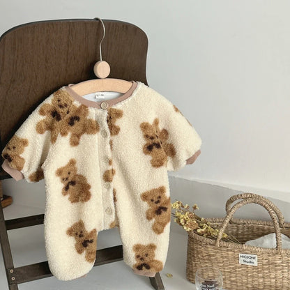 Vinter Baby Romper – Söt Björntryckt Jumpsuit med Rund Hals (Unisex)