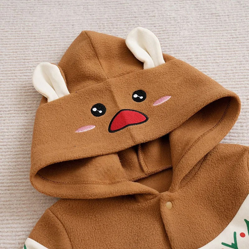 Jul Romper för Nyfödd – Söt Ren, Mjuk Hooded Jumpsuit