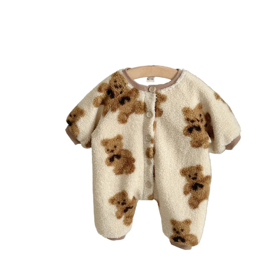Vinter Baby Romper – Söt Björntryckt Jumpsuit med Rund Hals (Unisex)