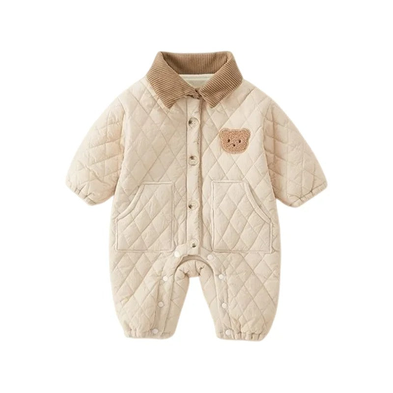 Vinterfodrad Quiltad Baby Romper – Björnmotiv, Varm Jumpsuit för Nyfödd (Unisex 0–2 år)
