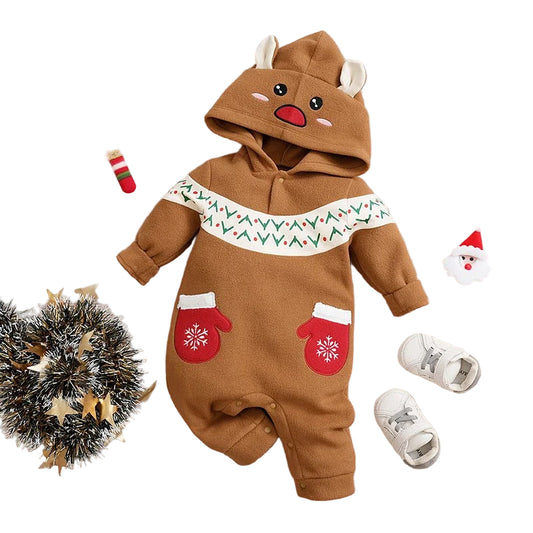 Jul Romper för Nyfödd – Söt Ren, Mjuk Hooded Jumpsuit