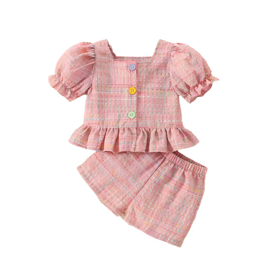 Sommarset för Babyflicka – Rutig Topp & Shorts med Puffärm