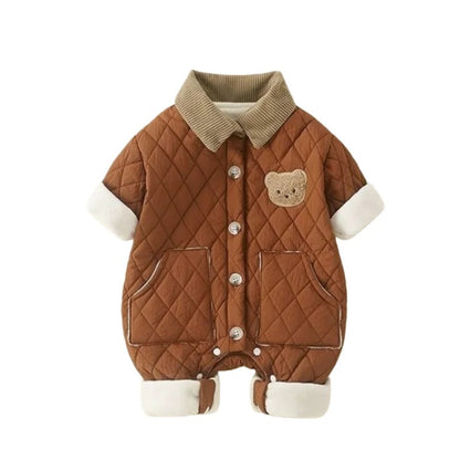 Vinterfodrad Quiltad Baby Romper – Björnmotiv, Varm Jumpsuit för Nyfödd (Unisex 0–2 år)
