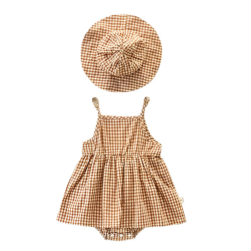 Somrigt Set för Babyflicka – Rutig Romper & Hatt