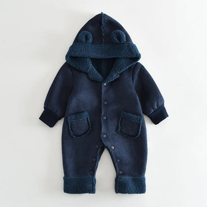 Vinter Romper för Barn – Mjuk Suede & Fleece Hooded Jumpsuit (0–3 år)