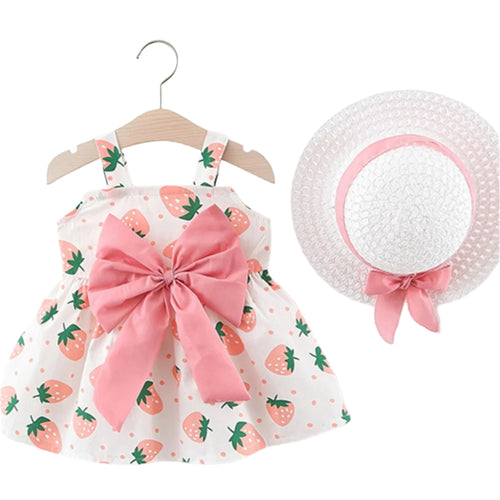 Sommarklänning för Babyflicka – Jordgubbsmönster & Hatt