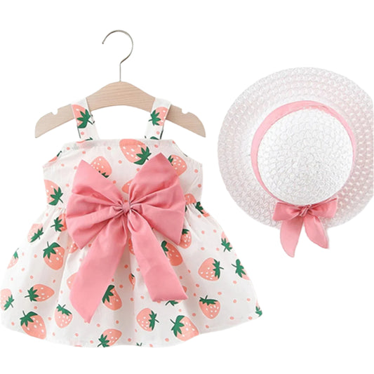 Sommarklänning för Babyflicka – Jordgubbsmönster & Hatt