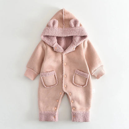 Vinter Romper för Barn – Mjuk Suede & Fleece Hooded Jumpsuit (0–3 år)