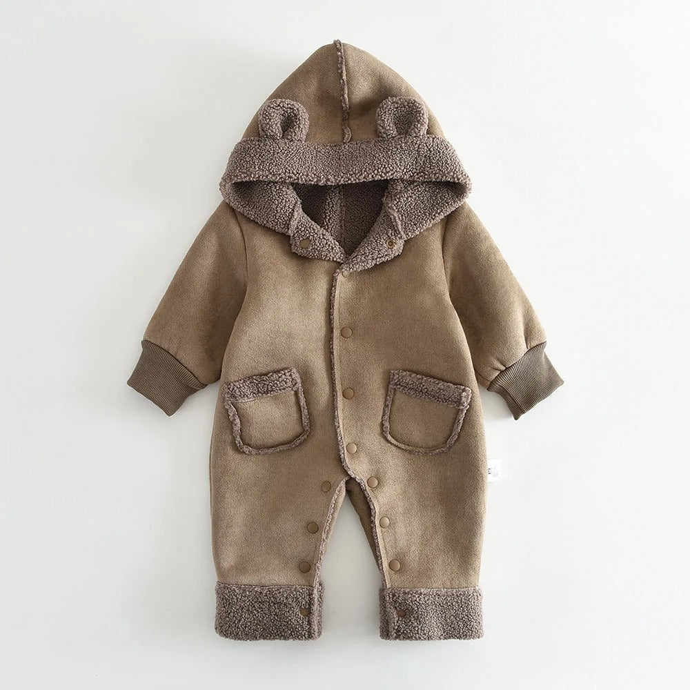 Vinter Romper för Barn – Mjuk Suede & Fleece Hooded Jumpsuit (0–3 år)